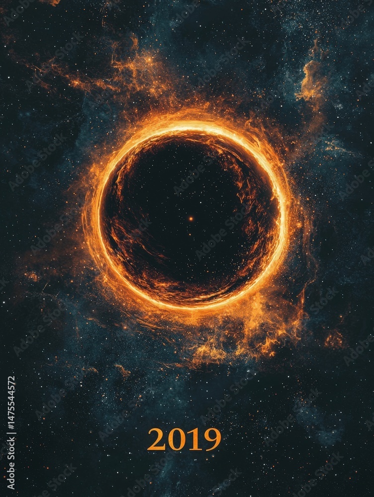 A captivating artwork features a radiant circular shape emitting an orange glow, set against a dark starry background. The ethereal design resembles celestial phenomena, inviting wonder.