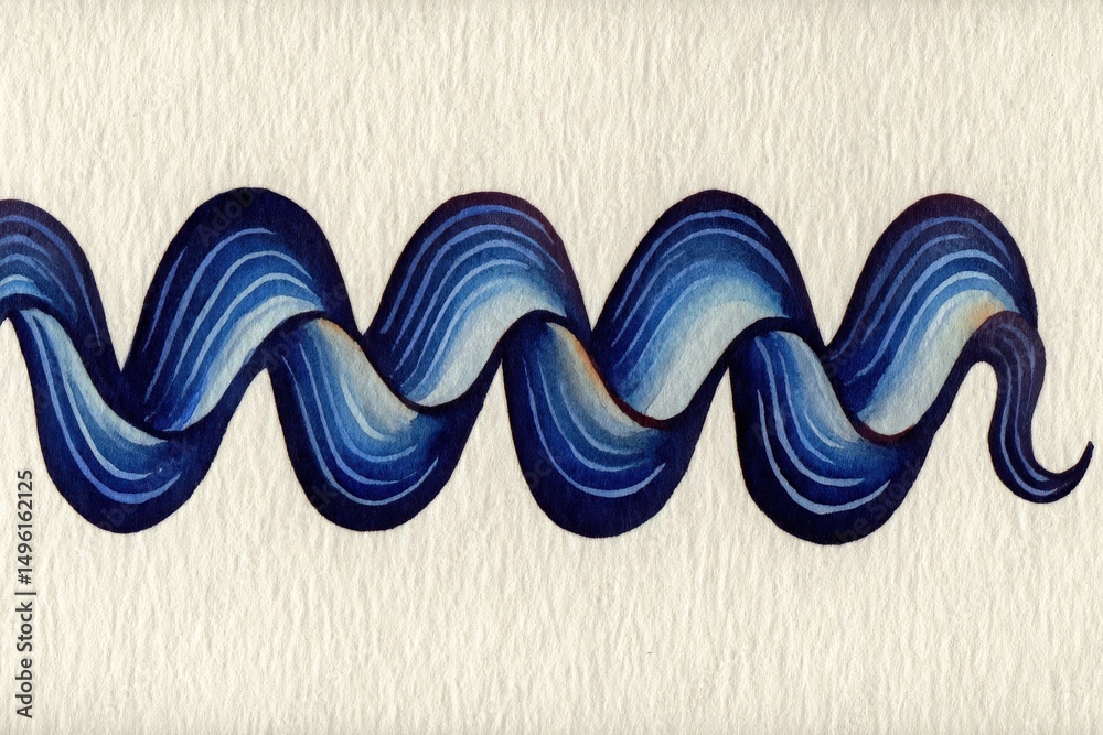 A captivating wavy pattern of varying shades of blue is illustrated on textured paper. The design showcases smooth curves and varying tones, creating depth and movement throughout the artwork.