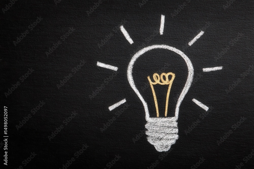 A chalk drawing of a light bulb on a black chalkboard. Rays radiate from the bulb, symbolizing creativity and the generation of ideas. The drawing emphasizes inspiration and innovation.