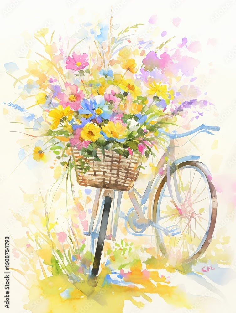 A charming bicycle with a woven basket filled with bright, assorted flowers stands against a soft, pastel backdrop. The scene captures the essence of springtime and tranquility.