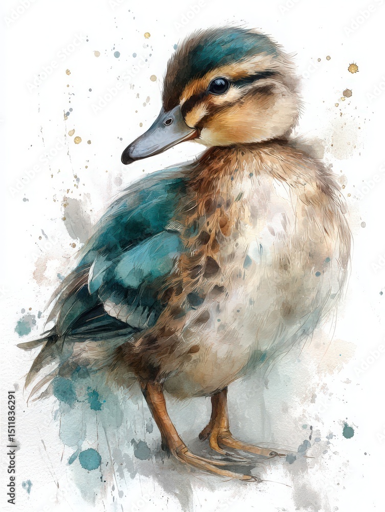 A charming duckling with vibrant feathers stands poised against a soft, textured background. The artwork captures the ducklings unique patterns and colors with a beautiful watercolor technique.