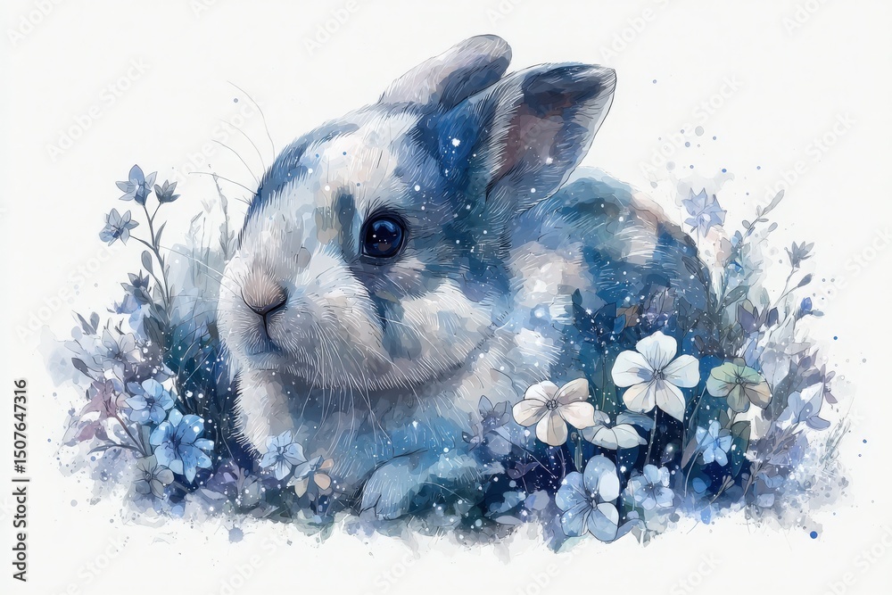 A charming rabbit with blue and white fur lies among delicate blue flowers. The serene setting creates a peaceful atmosphere, capturing the beauty of nature and the softness of the scene.