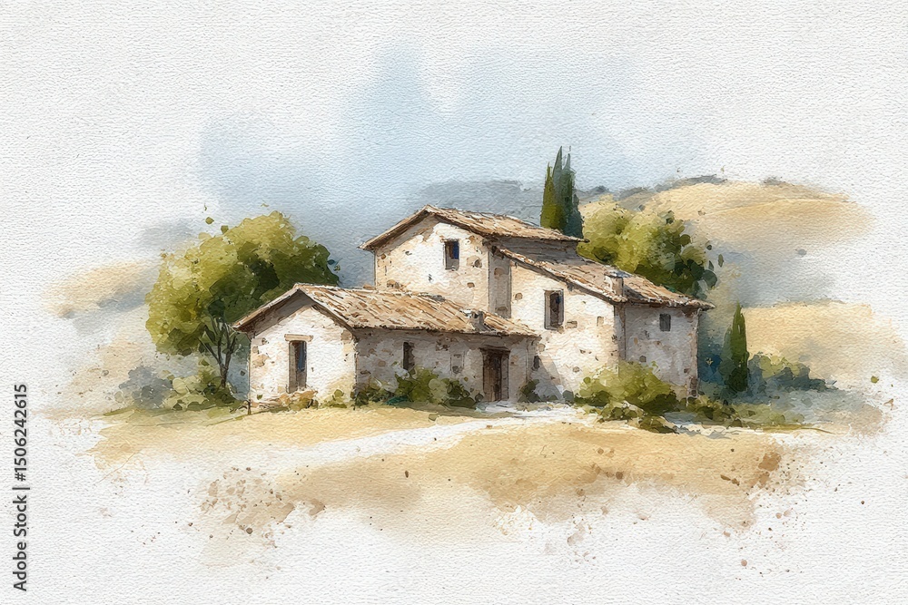 A charming rustic house is set against a backdrop of gentle hills and lush greenery. The structure features weathered stone and a rustic roof, blending harmoniously with its natural surroundings.