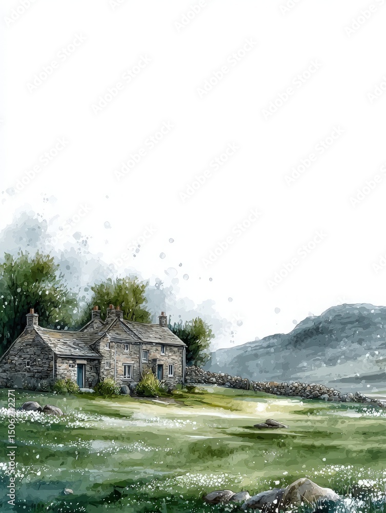 A charming stone cottage sits quietly amidst green meadows and wildflowers, surrounded by hills under a bright sky. This tranquil setting captures the essence of rural life and natures beauty.