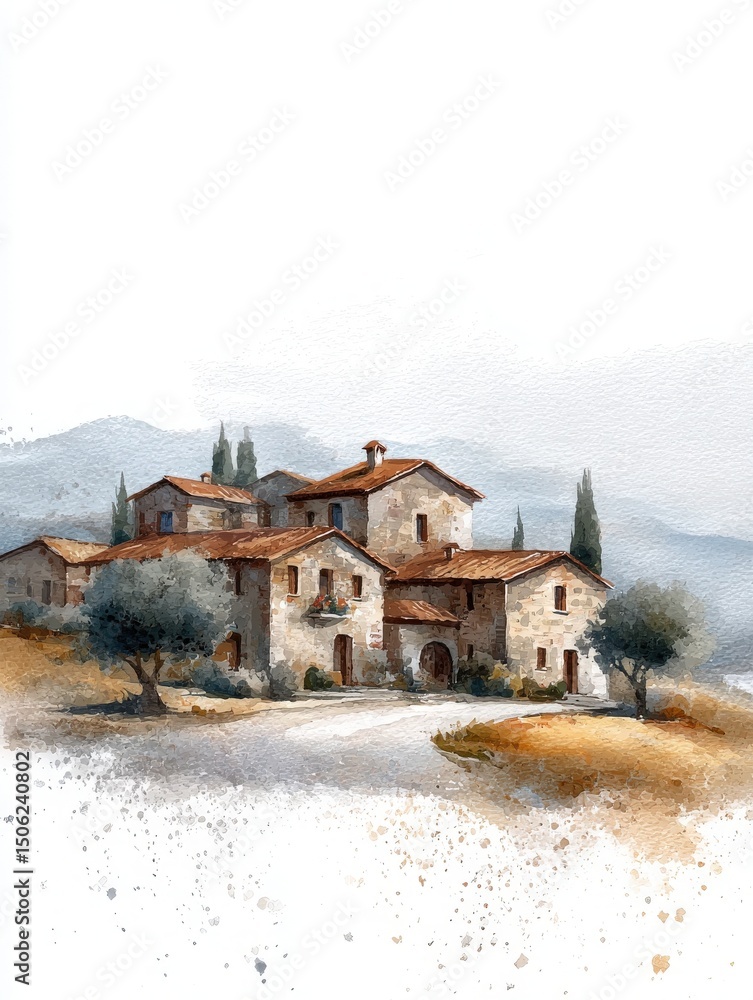 A charming villa stands in a peaceful countryside, surrounded by olive trees and gentle hills. Soft watercolors capture the rustic architecture and serene atmosphere of this idyllic location.