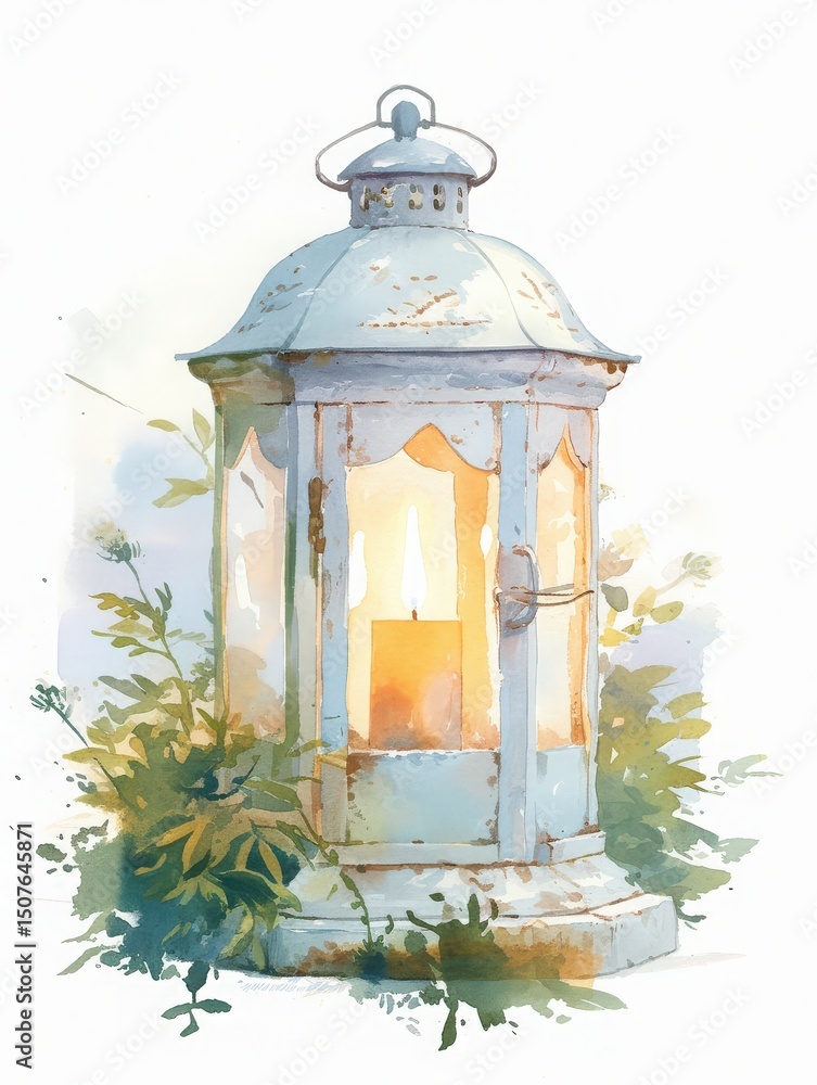 A charming, weathered lantern stands in a lush garden, softly illuminating a candle inside. The surrounding greenery adds a serene touch to the calming twilight ambiance.