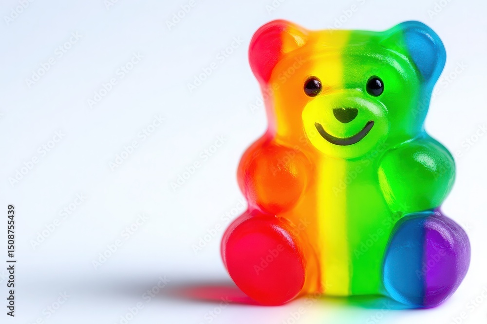 A cheerful, oversized gummy bear figurine displays vibrant rainbow colors. The bears glossy surface reflects light, enhancing its playful appearance against a simple white backdrop.