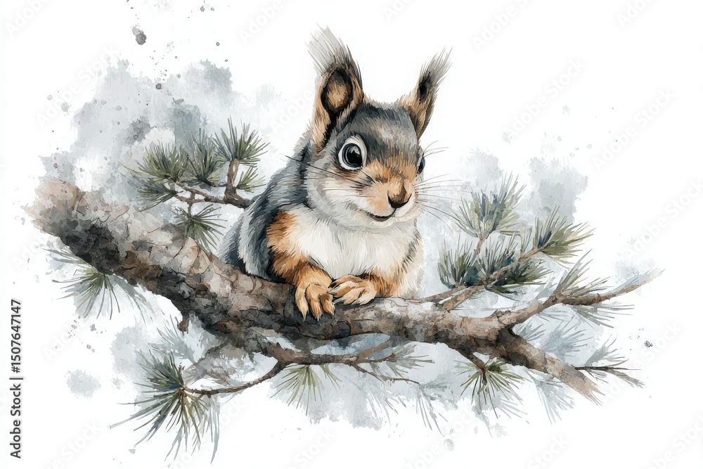 A cheerful squirrel rests on a sturdy tree branch, surrounded by delicate pine needles. The background features soft watercolor splashes, creating a calm atmosphere in nature.
