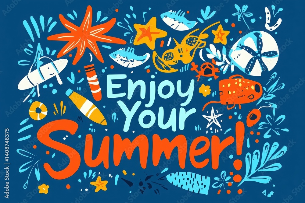 A cheerful summer-themed design features bright illustrations of marine life, beach toys, and plants, creating a festive atmosphere ideal for celebrating the joys of summer.