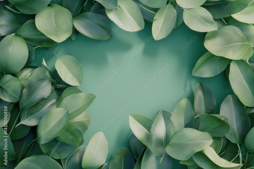 A circular arrangement of vibrant green leaves surrounds a smooth, solid background. The leaves create a natural frame that highlights their texture and color, offering a fresh, organic vibe.