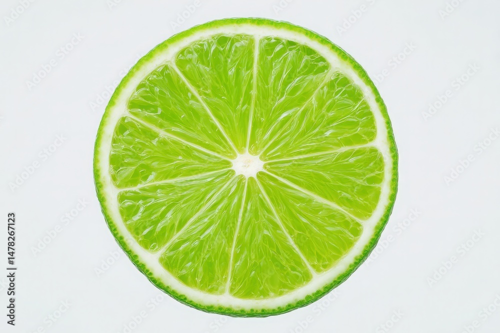 A circular slice of lime presents its vivid green interior, highlighting the juicy segments and fresh appearance. The bright color adds a refreshing touch against a plain white background.
