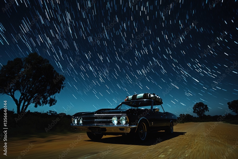 A classic car parked on a dirt road surrounded by trees, with a starry sky above. The stars are captured in long exposure, creating streaks of light, evoking a sense of wonder and adventure.
