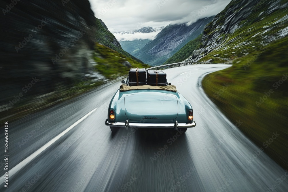 A classic convertible travels along a curvy mountain road surrounded by lush greenery and rocky cliffs. Dark clouds loom overhead, suggesting an approaching storm.
