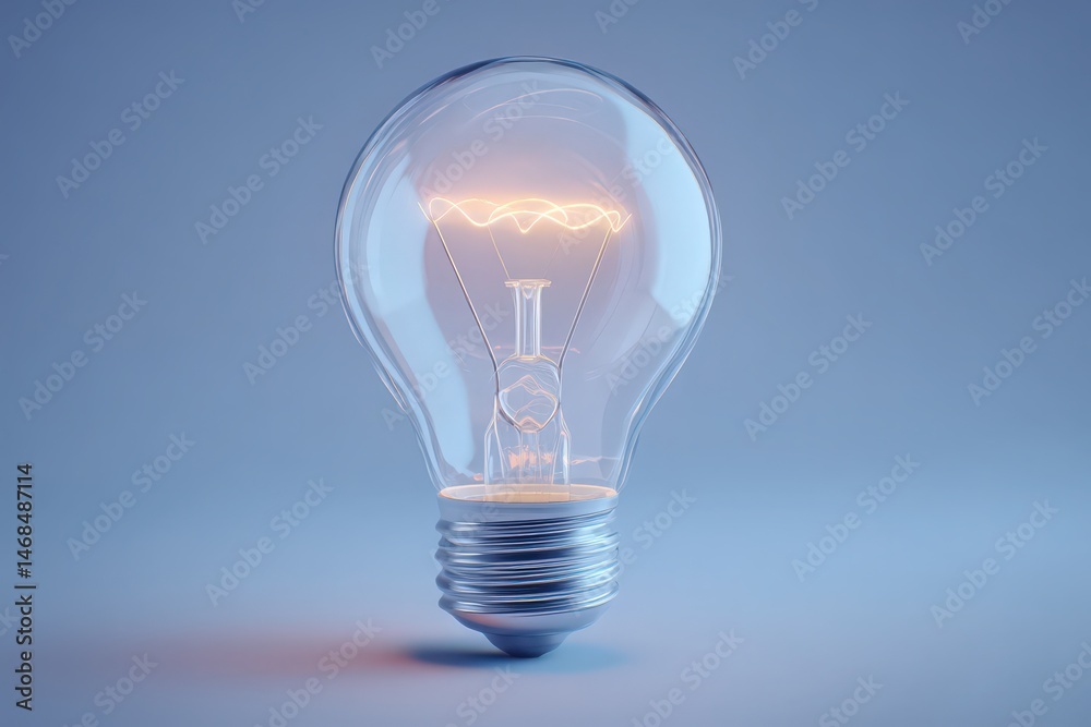 A classic light bulb is illuminated with a warm glow, showcasing the details of its filament. It stands alone against a serene blue backdrop, evoking a calm and inviting mood.