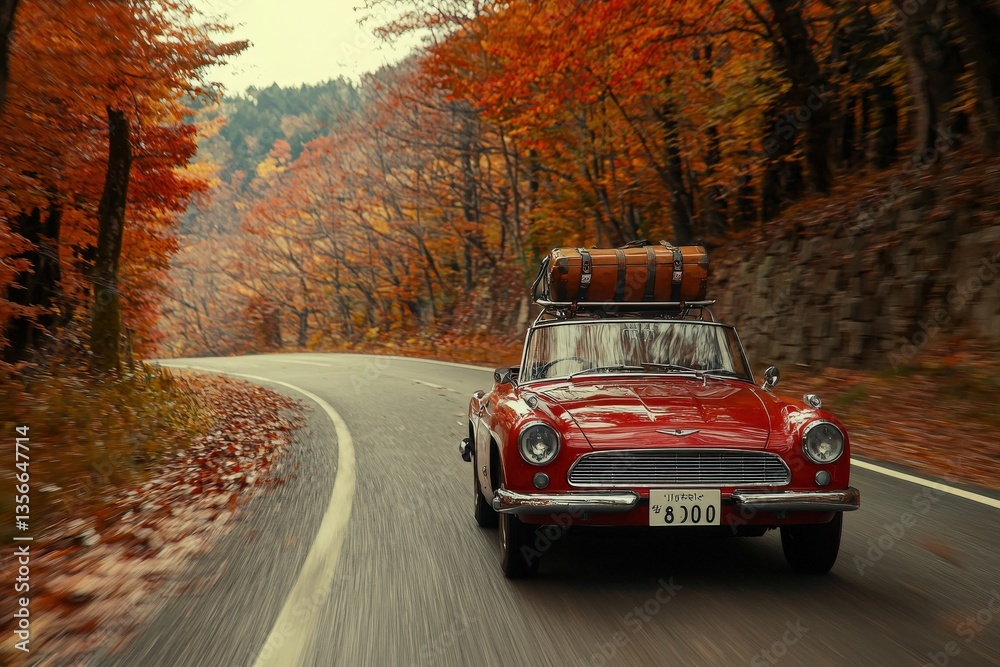 A classic red car with a vintage design travels along a winding road surrounded by vibrant autumn foliage. The setting captures the essence of a road trip in the fall season.