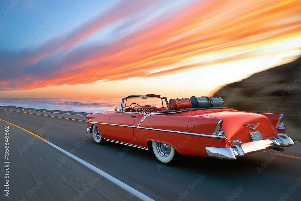 A classic red convertible speeds down a coastal highway, capturing the essence of freedom as the sun sets, painting the sky with hues of orange and pink. The ocean glimmers alongside the road.
