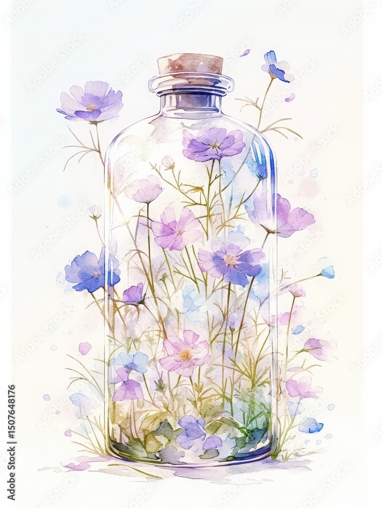 A clear glass bottle contains a lush arrangement of vibrant purple and blue flowers, set against a softly blurred background, suggesting a tranquil and artistic atmosphere.