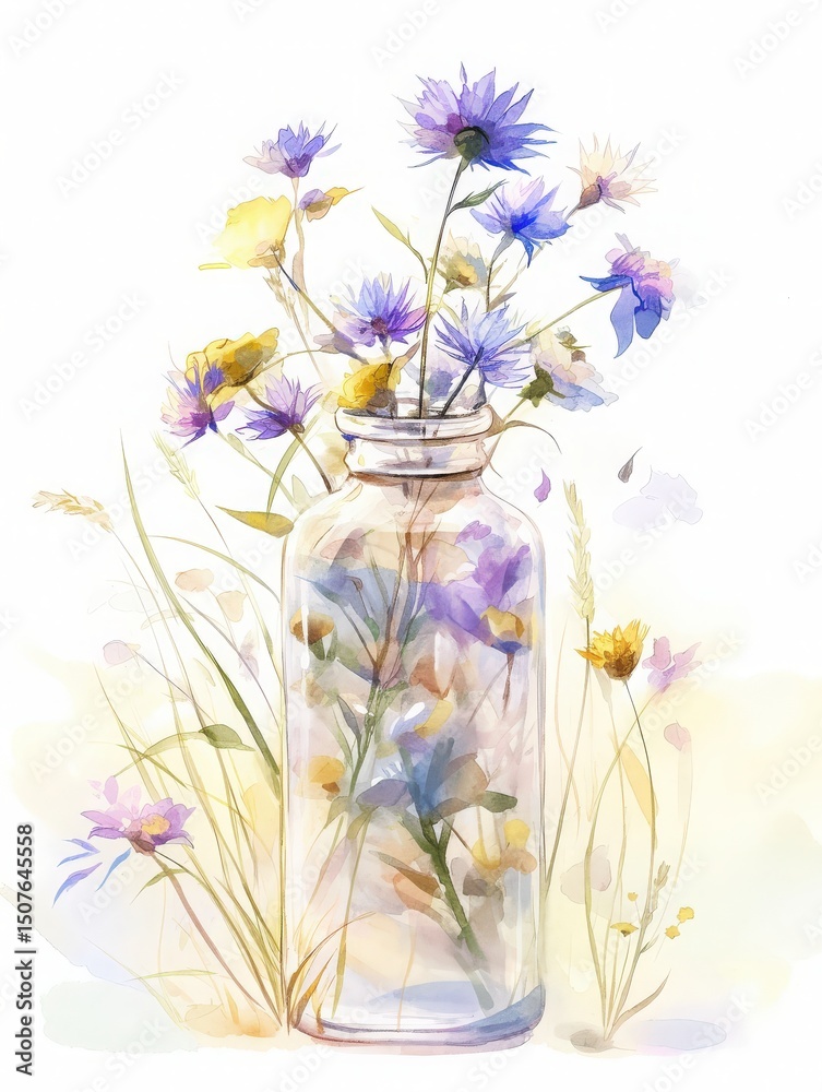 A clear glass bottle holds an assortment of colorful wildflowers, featuring hues of blue, yellow, and white. The delicate arrangement captures a serene and artistic vibe, perfect for decor.