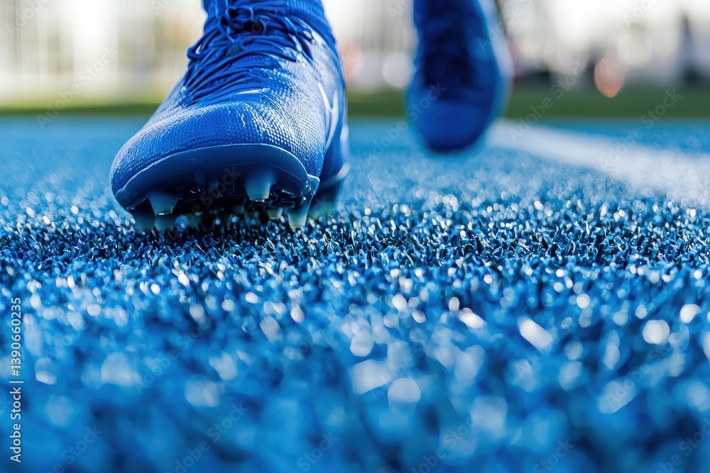 A close-up view of a blue soccer cleat pressing into bright blue artificial turf as a player runs during a training session. The setting is well-lit, showcasing the fields texture.
