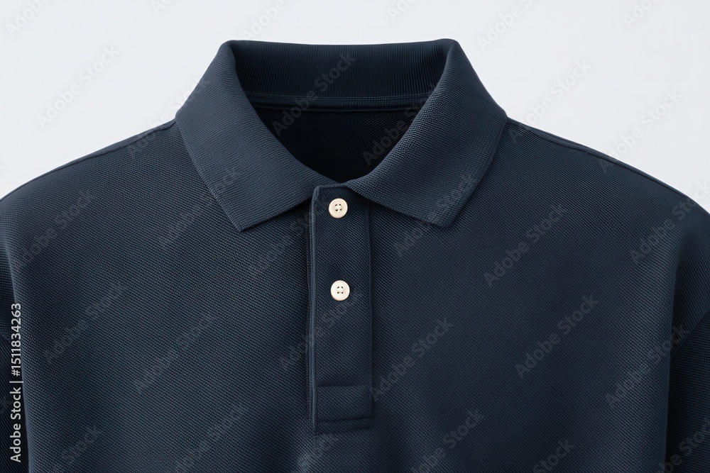 A close-up view of a dark polo shirt featuring a classic collar and two buttons. The fabric appears textured, ideal for both casual outings and semi-formal occasions.