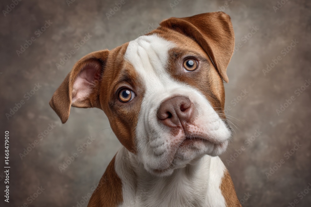 A close-up view of a friendly dog with a white and brown coat. The dog has large, expressive eyes and a curious expression, showcasing its sweet personality. The background is soft and neutral.
