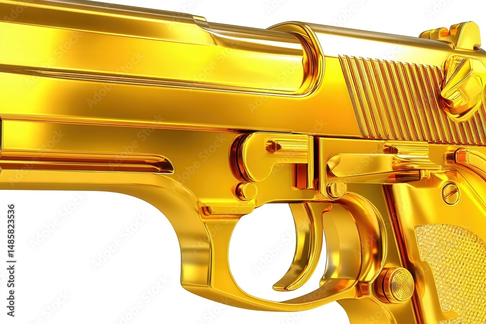 A close-up view of a golden handgun reveals its shiny surface and intricate design details. The weapons metal components gleam under light, highlighting workmanship and artistry involved.