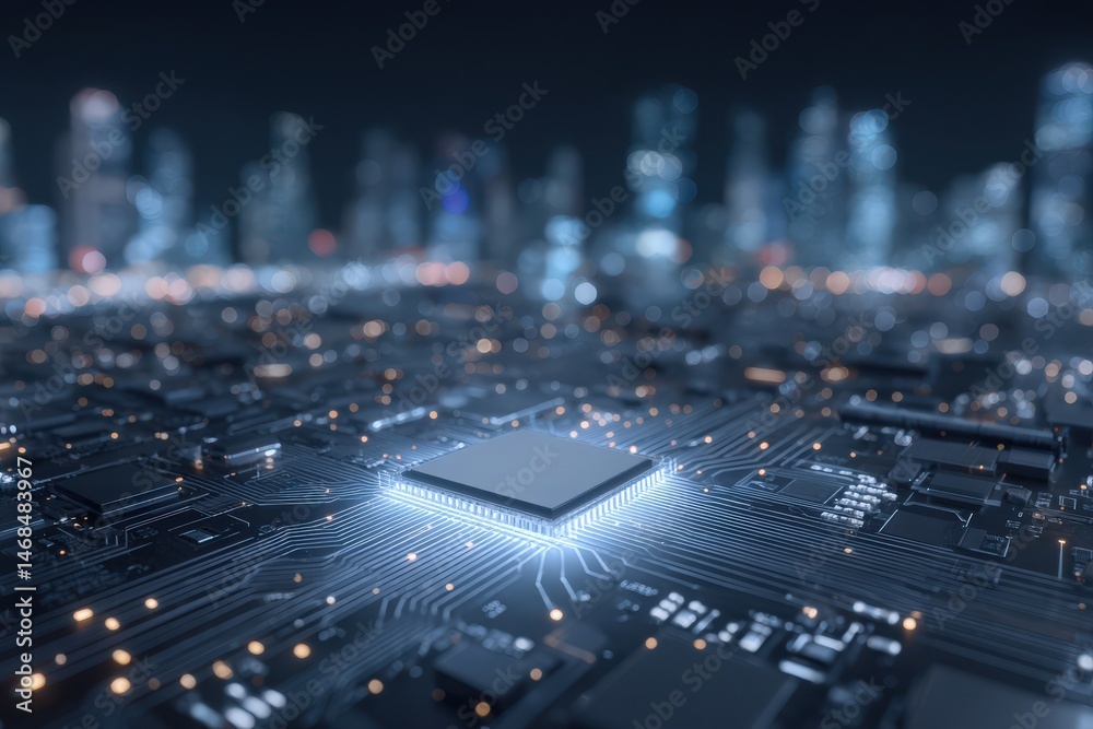A close-up view of a microchip surrounded by intricate circuitry and glowing lights. In the background, a blurred city skyline glimmers with tall buildings. The atmosphere is high-tech and modern.