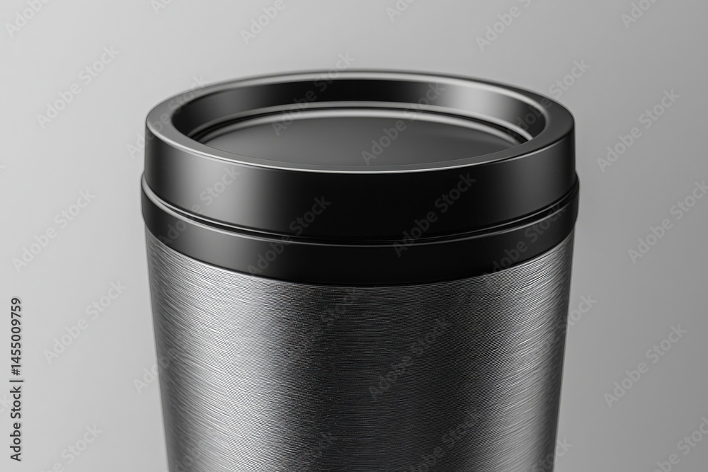 A close-up view of a stainless steel travel mug is shown against a gray backdrop. The mug features a black lid and a smooth metallic finish, ideal for enjoying beverages on the go.