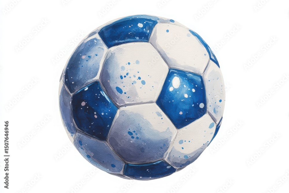 A close view of a blue and white soccer ball showcasing intricate detailing, texture, and a mix of shades. The spherical shape and geometric patterns are clearly defined, emphasizing its design.
