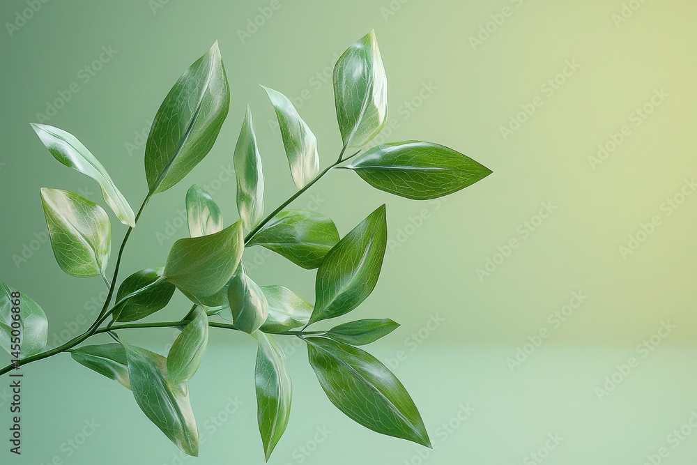 A cluster of fresh green leaves is prominently displayed against a gentle gradient background. The leaves exhibit varying shades of green, highlighting their natural beauty and vitality.