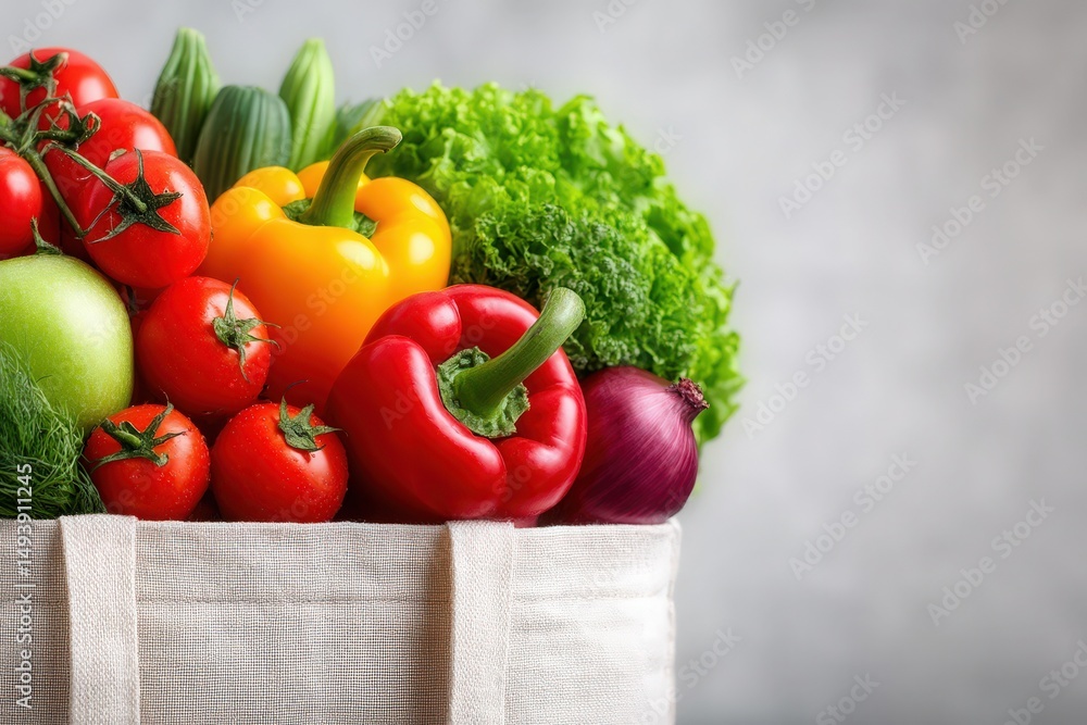 A collection of fresh vegetables is displayed in a reusable bag.