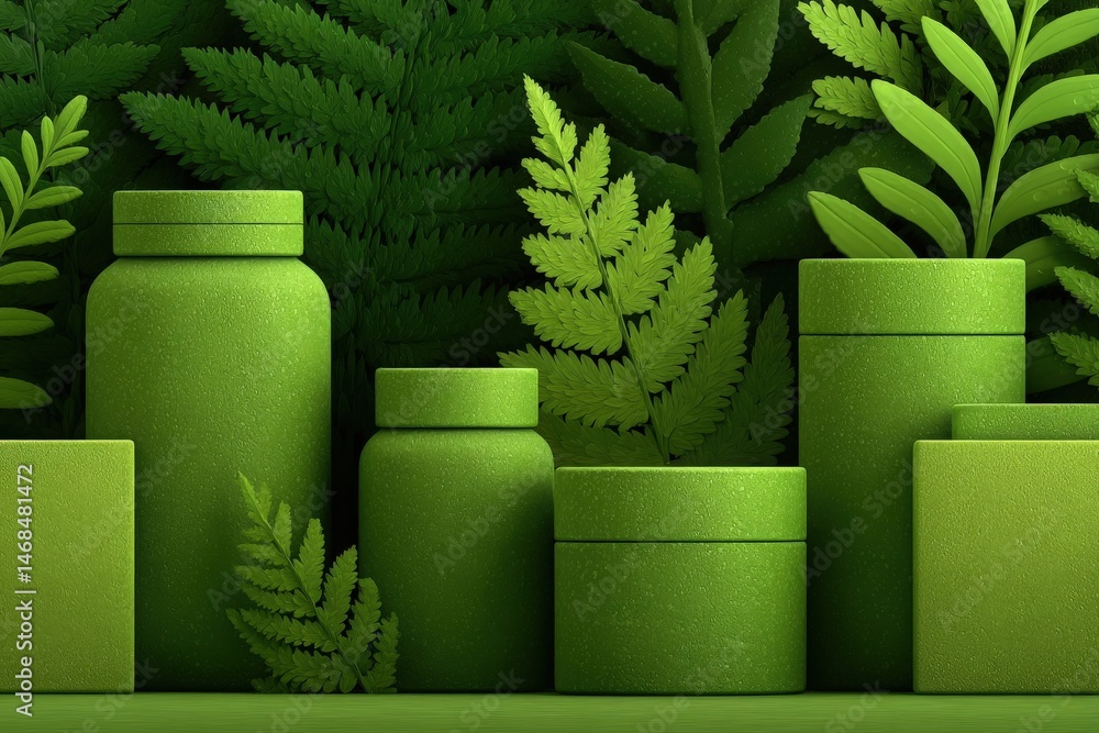 A collection of green containers of various shapes and sizes is arranged against a backdrop of vibrant green foliage. The setup exudes a tranquil and organic aesthetic, emphasizing nature.
