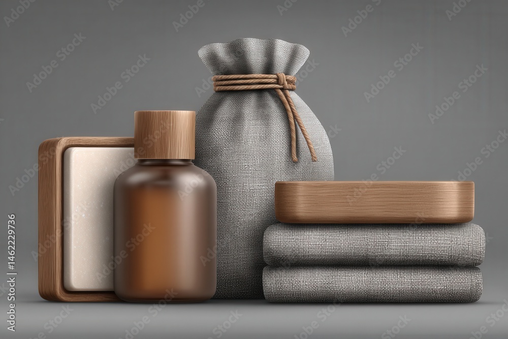A collection of minimalist bathroom accessories is carefully arranged against a gray background.