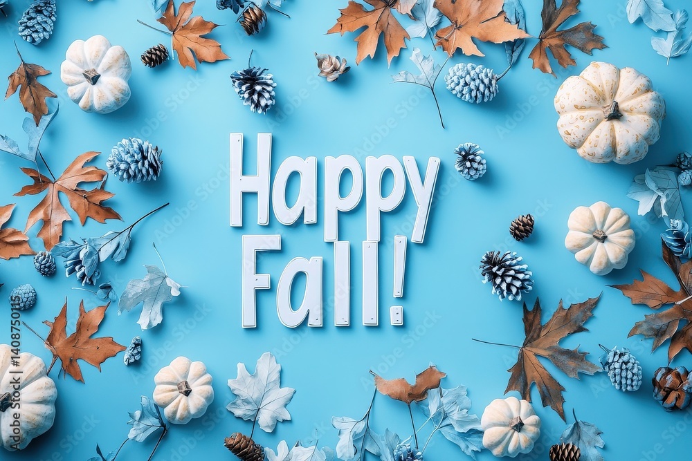 A collection of seasonal decorations featuring pumpkins, pinecones, and autumn leaves arranged around a blue backdrop with the message Happy Fall. This vibrant setup conveys the essence of autumn.