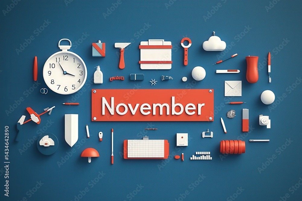 A collection of various red and white objects related to November is showcased on a blue background. Items include a clock, calendar, stationery, and decorative elements to celebrate the month.