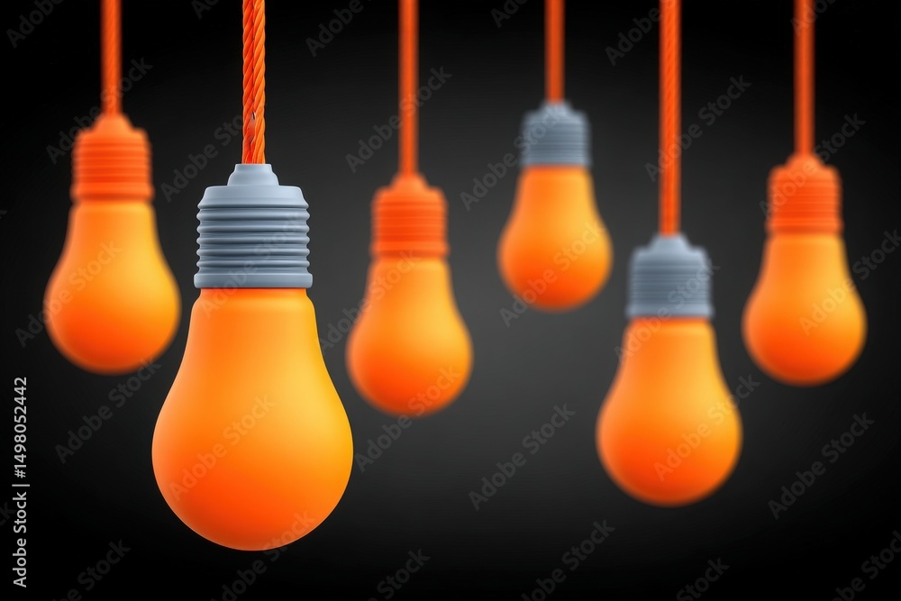 A collection of vibrant orange light bulbs hang from a dark background, each suspended by a cord. The warm glow creates a modern and inviting atmosphere, perfect for contemporary spaces.