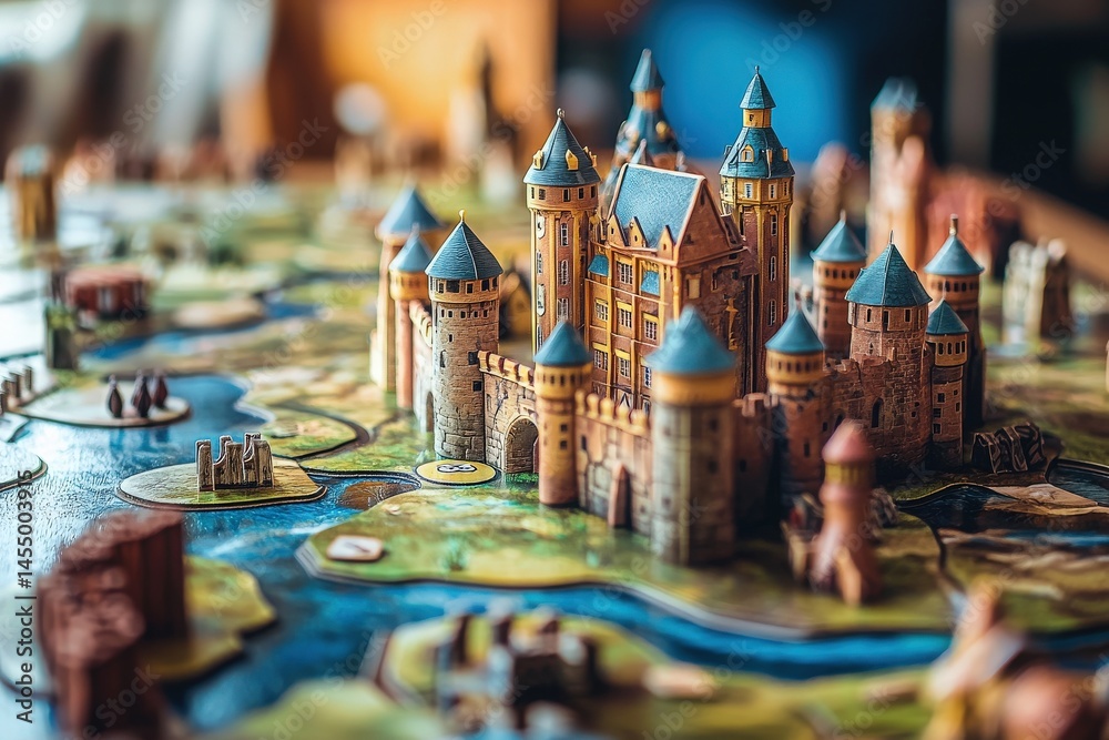 A colorful board game showcases a meticulously crafted medieval castle surrounded by rivers and hills. Players are engaged, exploring the intricacies of the game world during a lively game night.