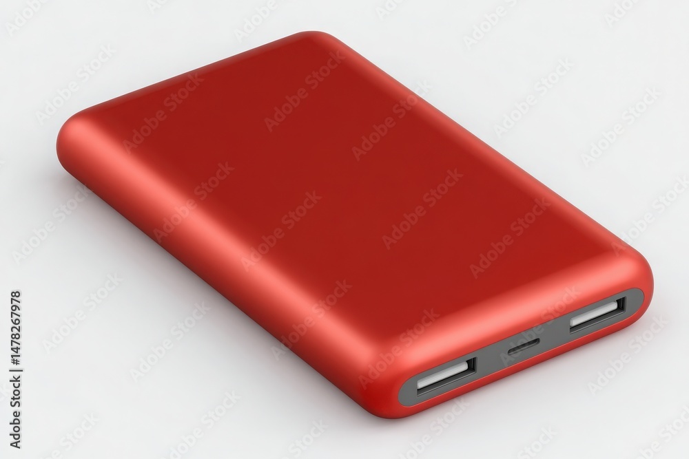 A compact red power bank is displayed featuring dual USB ports for charging multiple devices. Its sleek surface and lightweight design make it ideal for travel and on-the-go use.