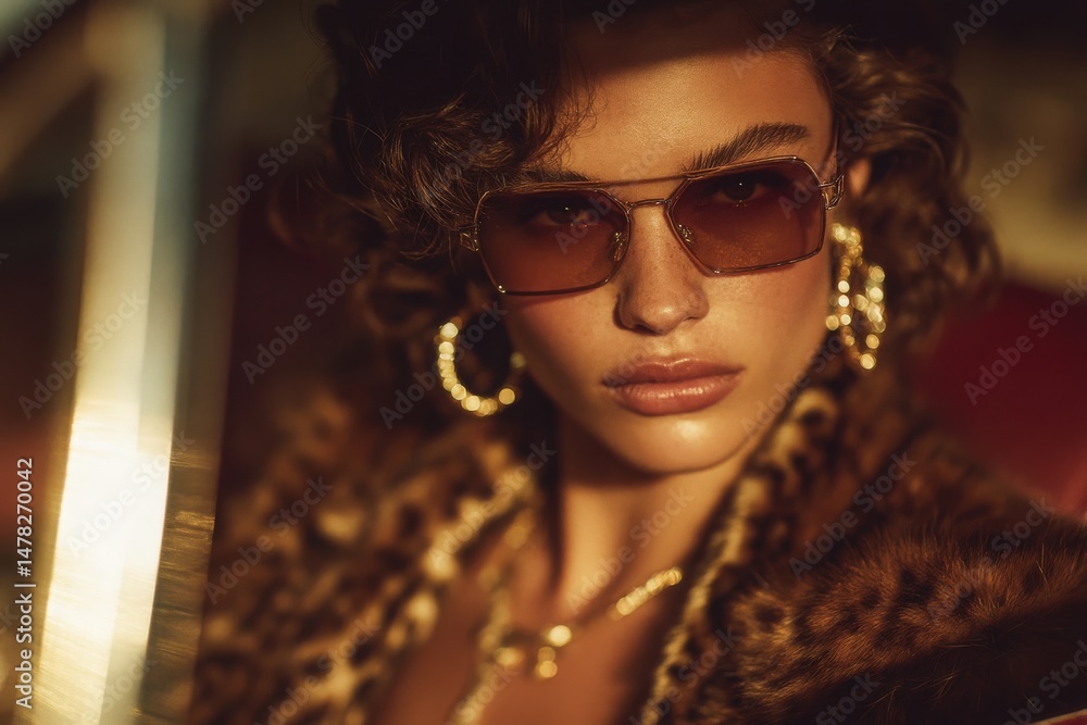 A confident woman sits in a vintage car, wearing stylish sunglasses and a luxurious fur coat. Sunlight highlights her features, creating an elegant and captivating atmosphere during sunset.