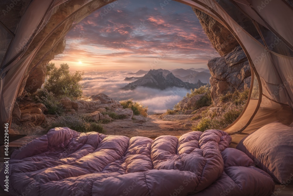 A cozy tent reveals a breathtaking sunrise over rugged mountains, with clouds filling the valleys. Soft bedding is arranged inside, inviting relaxation in a tranquil natural setting.