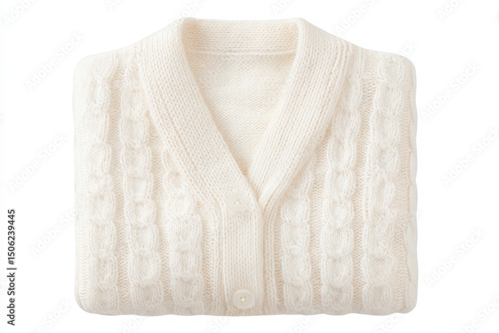 A cream-colored knitted sweater is folded neatly, showcasing its textured cable design and button detailing. The soft fabric invites comfort and warmth for cool weather occasions.