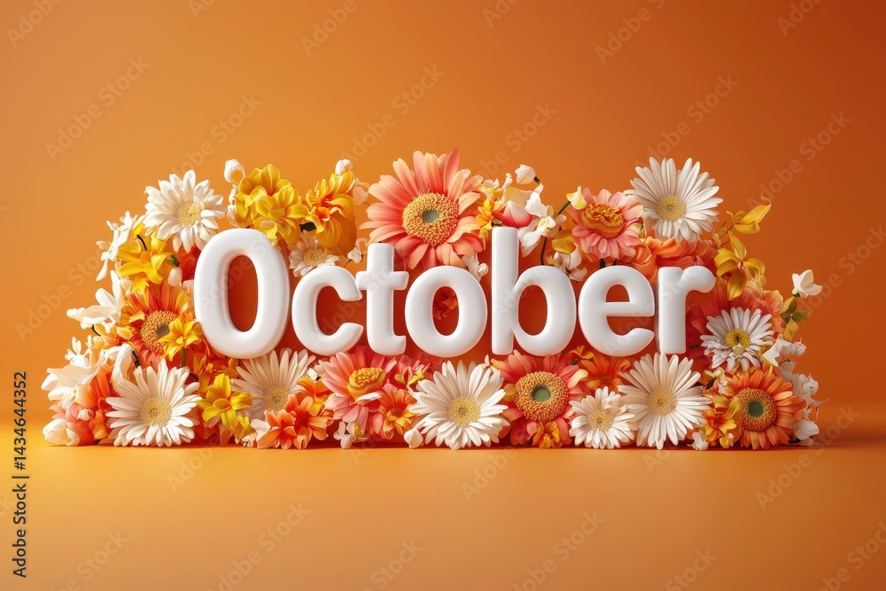 A creative arrangement features the word October surrounded by a variety of colorful flowers including daisies and orchids. The warm orange background enhances the seasonal theme.