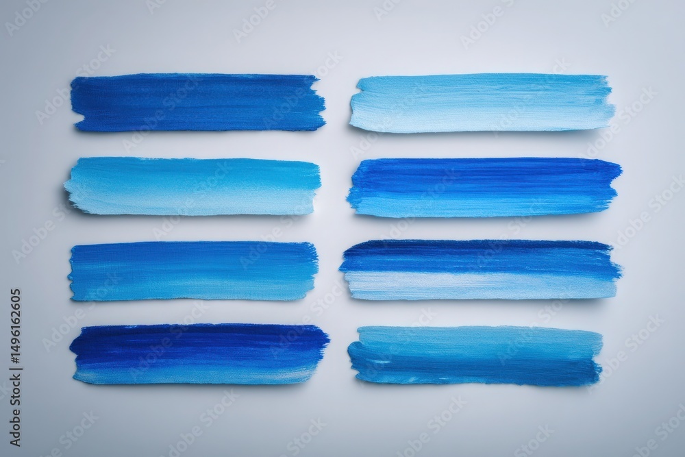 A creative arrangement of blue paint strokes on a light surface showcases different shades, blending from deep navy to soft azure. This artistic display highlights color variation and texture.