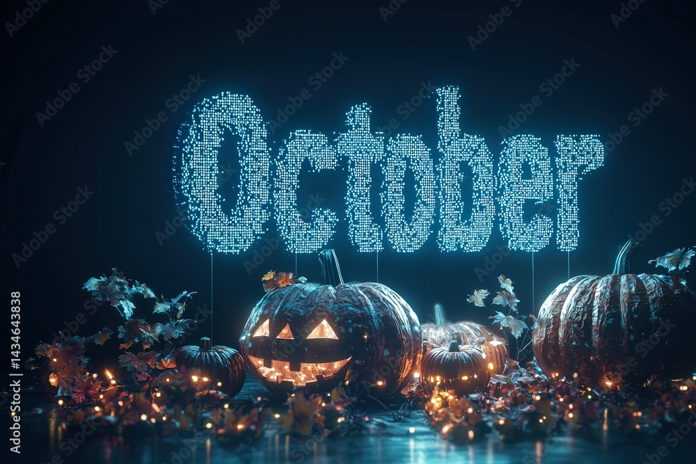 A creative arrangement showcases the word October in a bright digital style. Surrounding pumpkins are carved with smiling faces, enhanced by glowing lights and autumn leaves.
