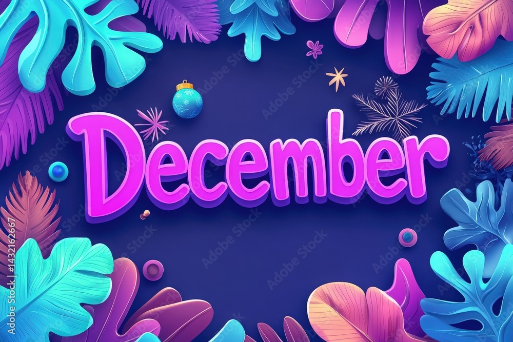 A creative design showcases the word December in bold lettering surrounded by colorful leaves and festive decorations. The blue backdrop enhances the seasonal atmosphere, perfect for holiday themes.
