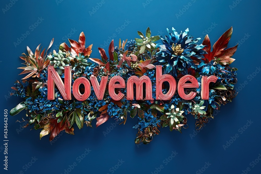 A creative display features the word November adorned with colorful flowers and leaves, set against a striking blue background. The arrangement highlights various textures and shades.