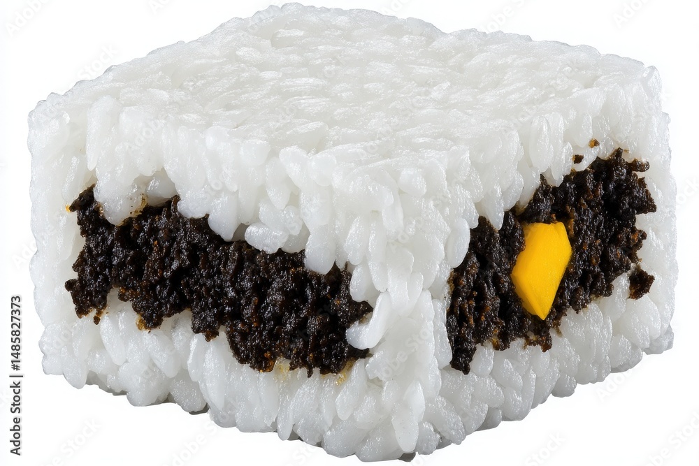 A creative rice dish features white sticky rice formed into a rectangular block, filled with black seaweed paste and a small yellow ingredient peeking through.