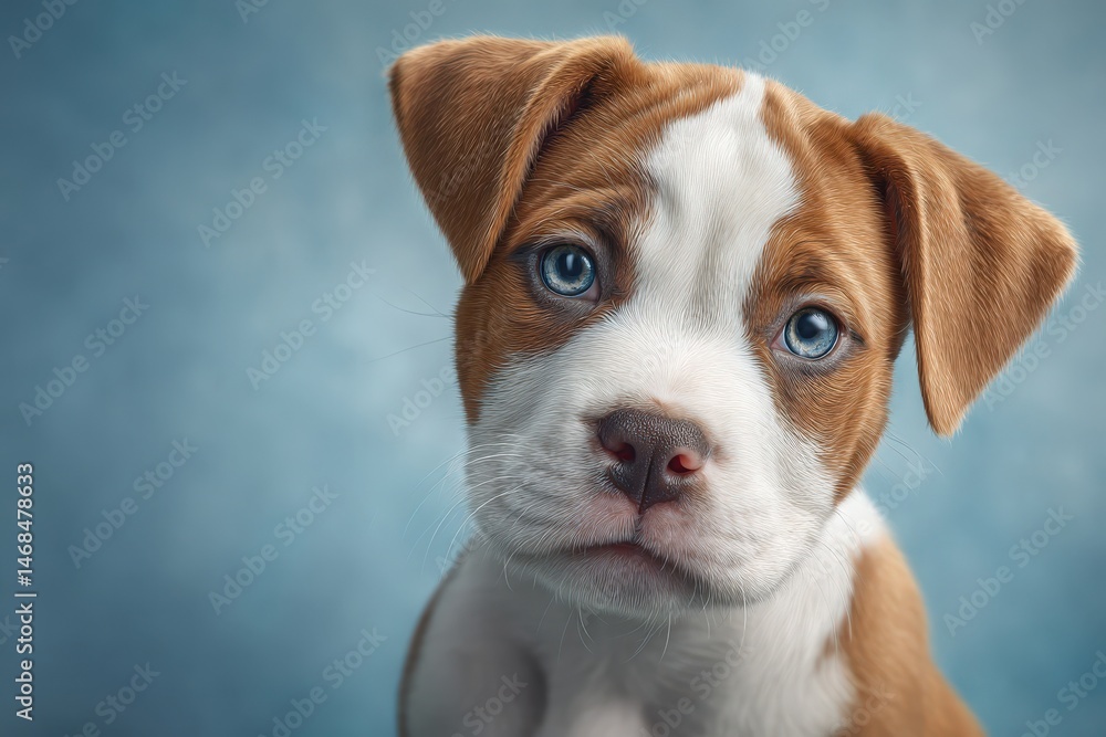 A curious brown and white puppy with bright blue eyes gazes at the viewer. Its soft fur and playful demeanor suggest youthful energy and innocence, captivating anyone who sees it.