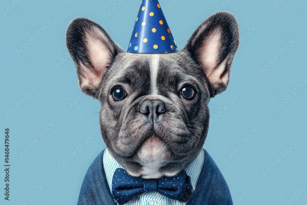 A cute French bulldog wearing a party hat and a bow tie is shown against a solid blue background. The dog looks directly at the viewer, embodying a joyful party spirit.