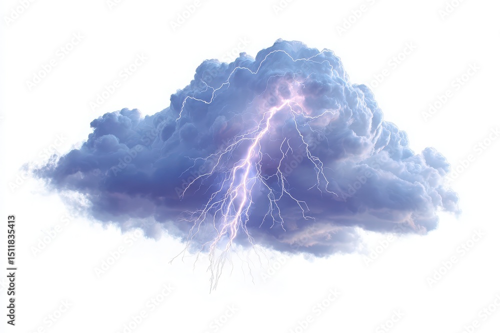 A dark storm cloud looms in the sky, showcasing an impressive display of bright lightning streaking from its center. The atmosphere suggests an impending storm.